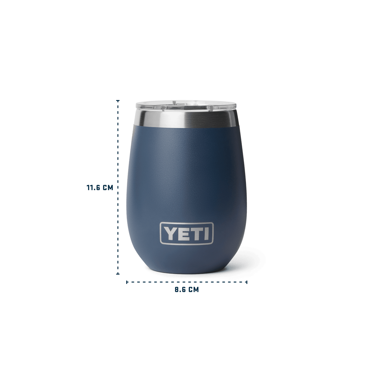 Blue YETI wine tumbler with dimensions on a grey background