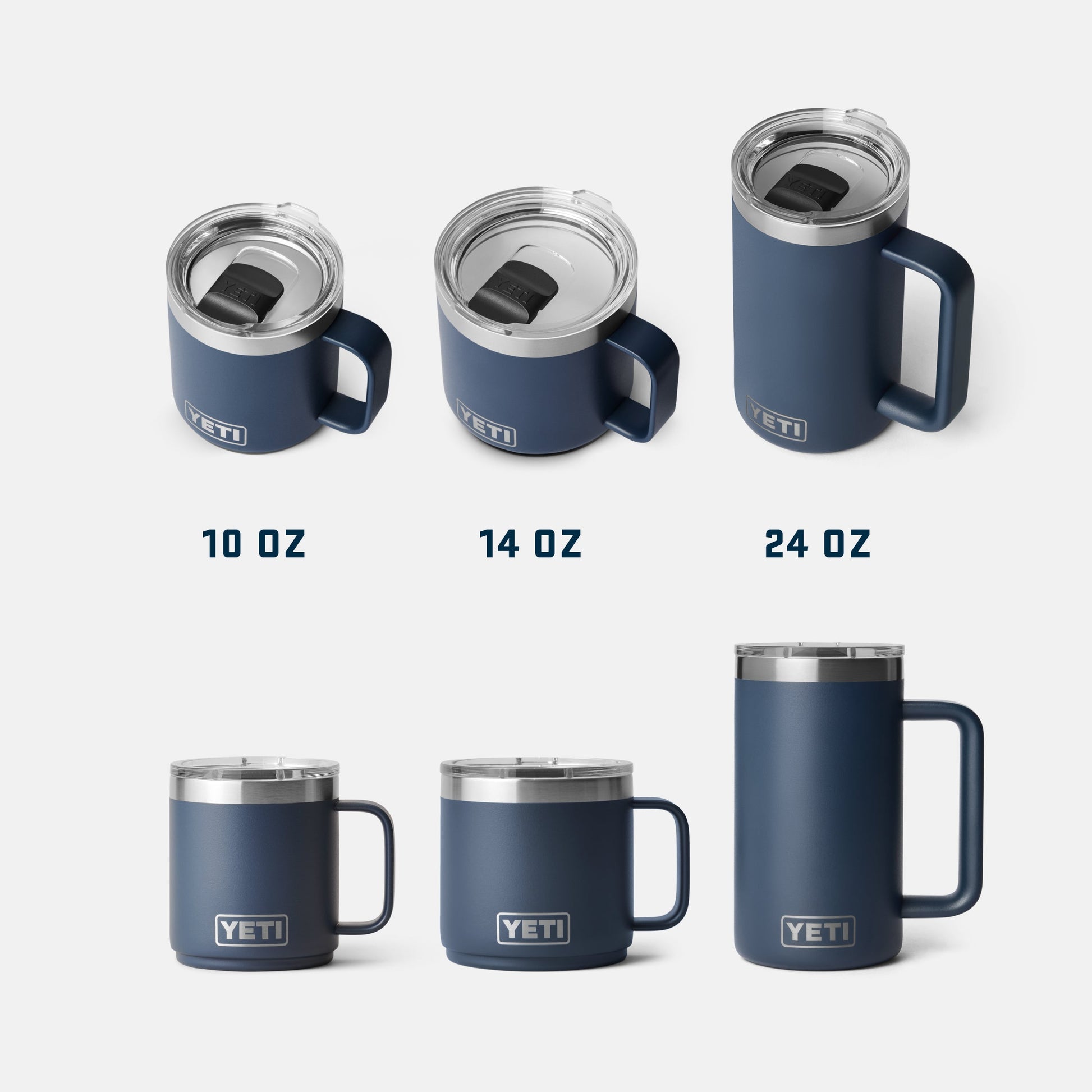 YETI mug collection in various sizes on a white background