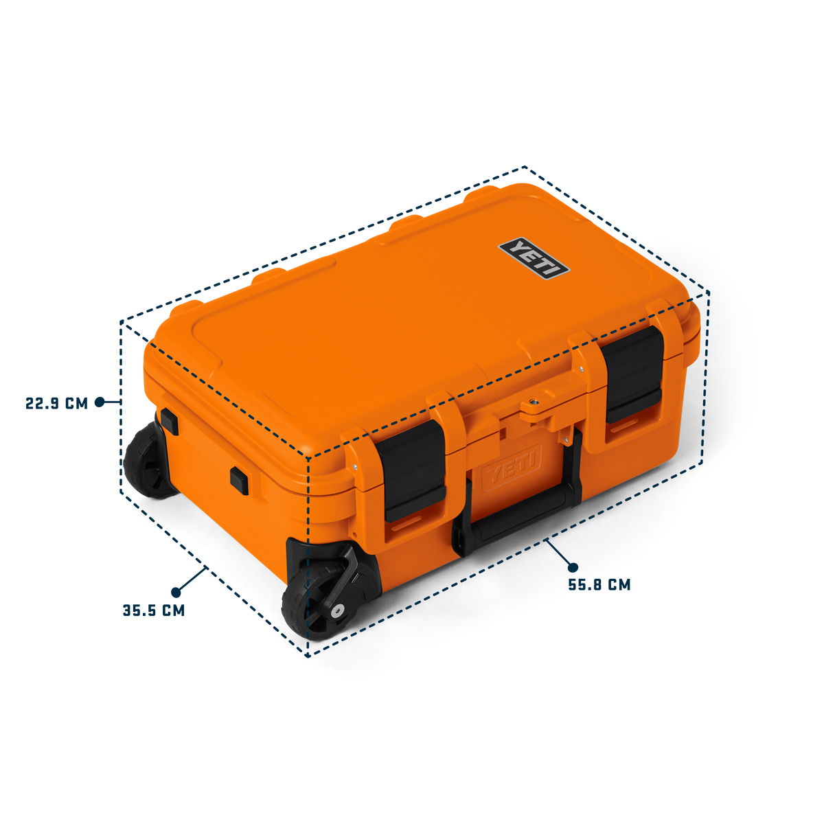 An orange YETI hard case with black latches, handle, and wheels, shown with dashed measurement lines and dimension labels in centimeters on a white background.