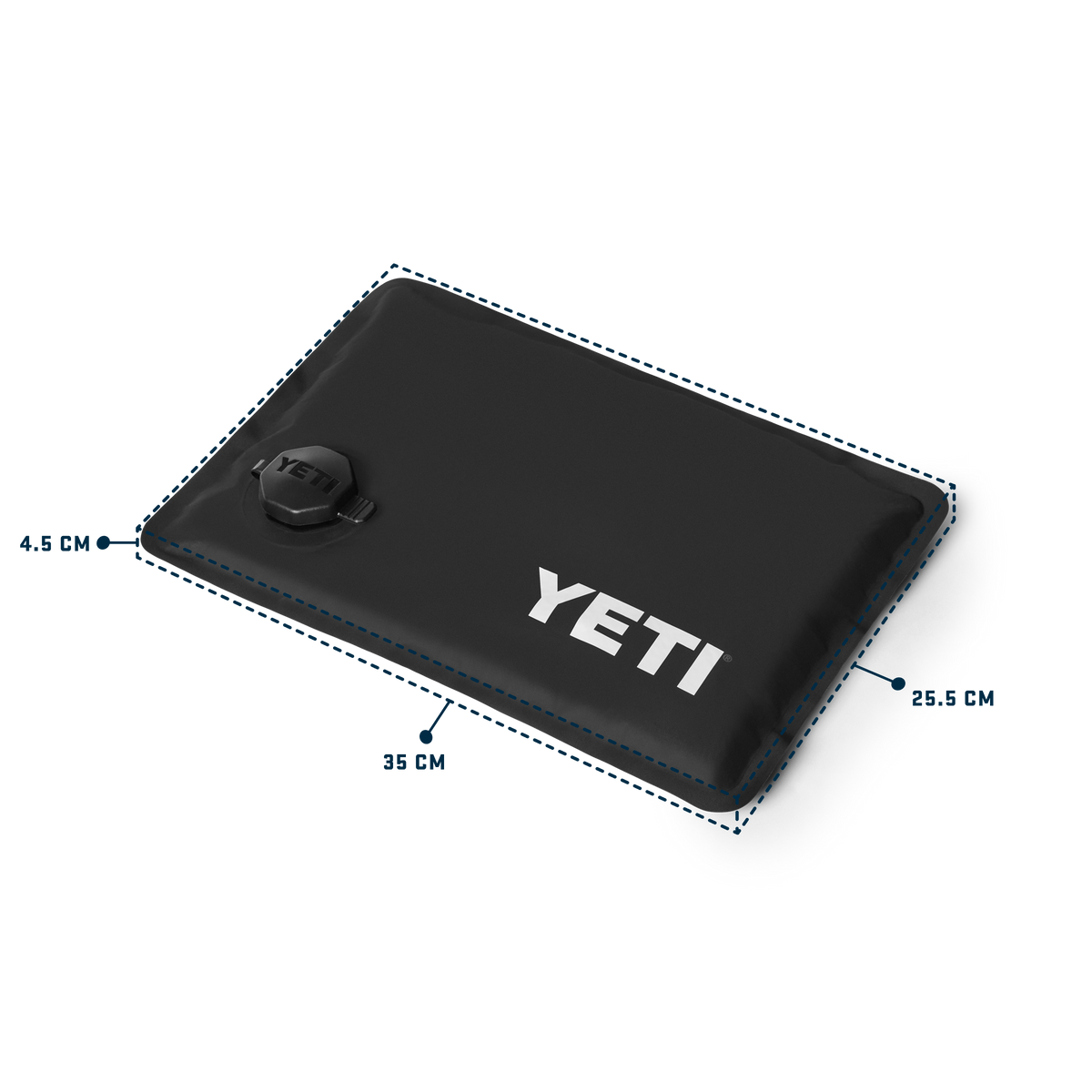 Black YETI insulated water bladder with white YETI logo on top, shown with dashed measurement outlines and dimensions labeled 4.5 cm, 35 cm, 25.