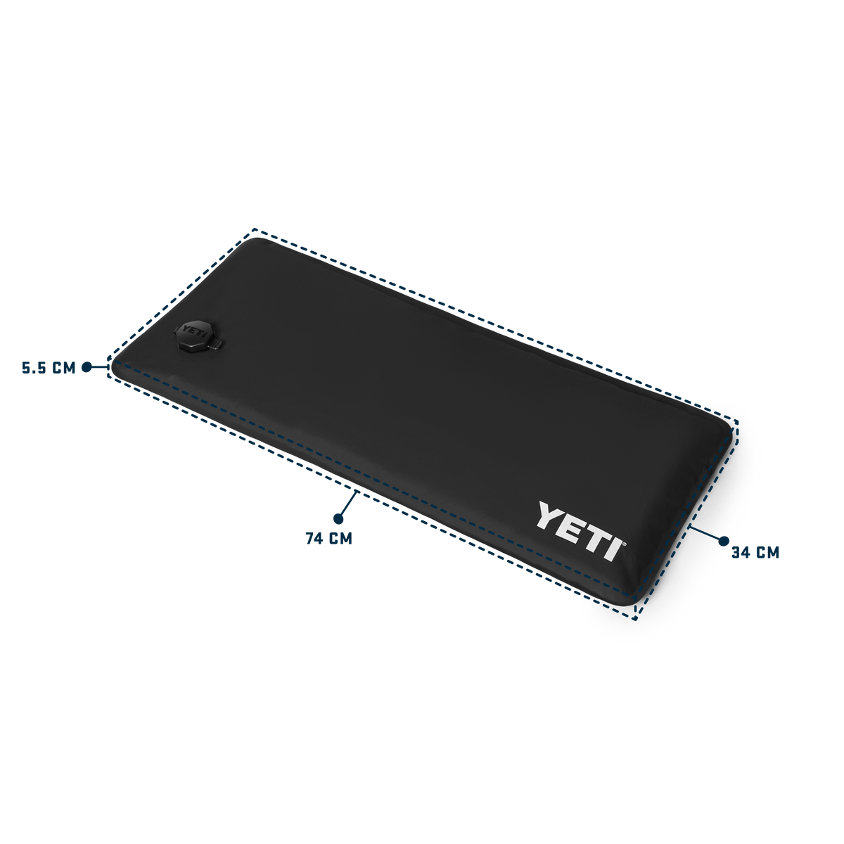 Black YETI inflatable sleeping pad with dimension callouts showing 74 cm length, 34 cm width, and 5.5 cm thickness on a white background.