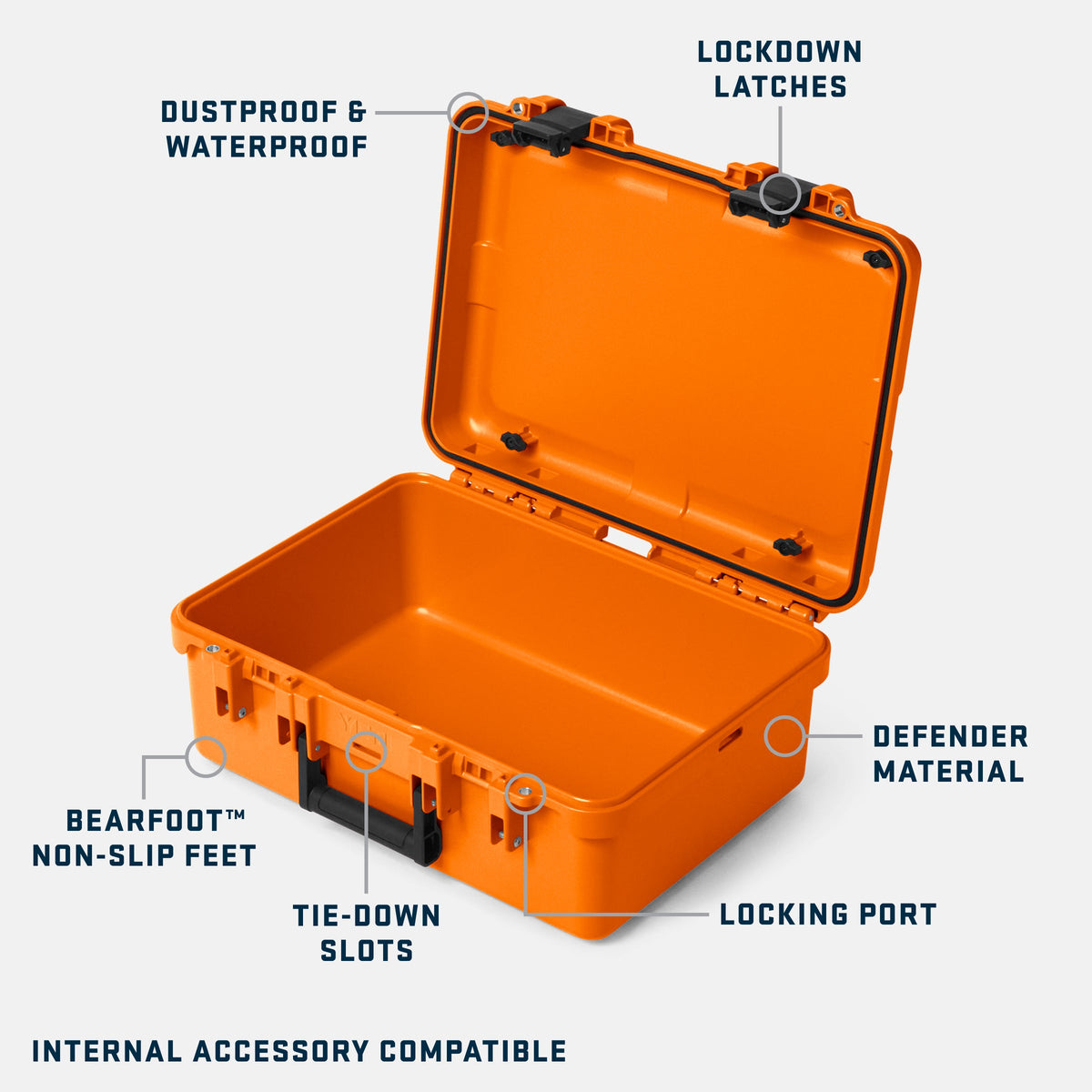 An open bright orange hard-shell protective case on a light gray background with callout labels pointing to features such as dustproof and waterproof construction, lockdown latches, defender material, bearfoot non-slip feet, tie-down slots, and locking port.