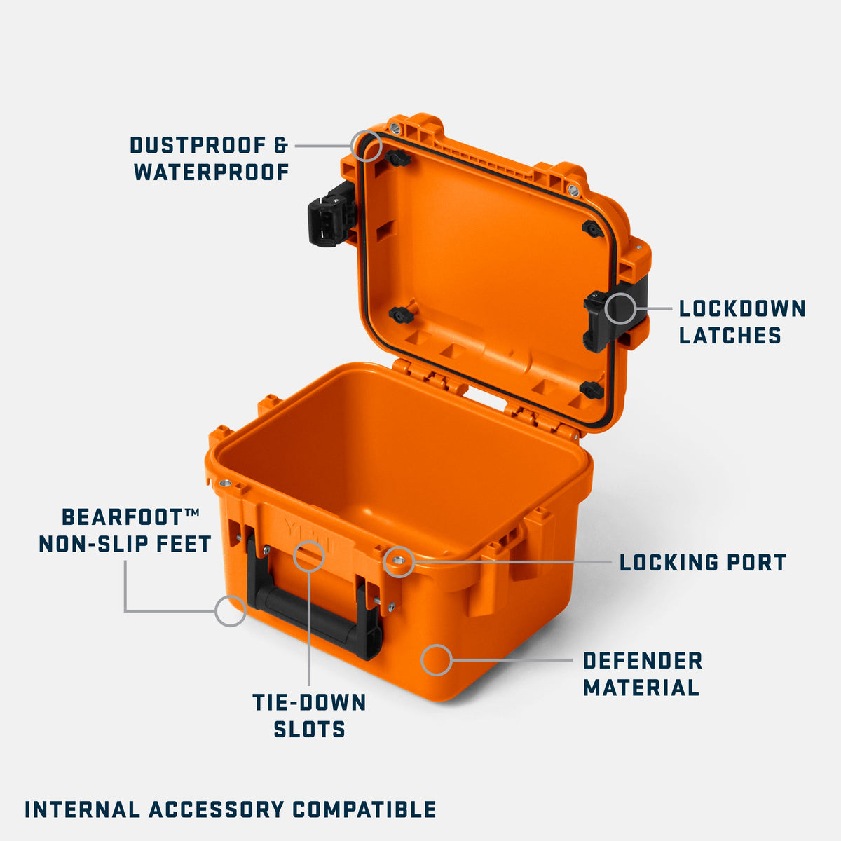 An orange hard-shell protective case shown open on a light gray background, with callout labels pointing to features such as dustproof and waterproof construction, lockdown latches, bearfoot non-slip feet, tie-down slots, locking port, and defender material.